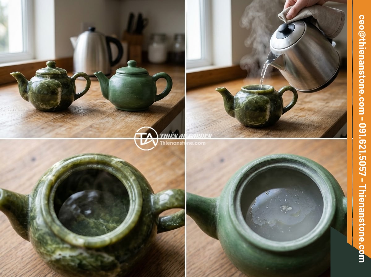 Cách phân biệt bộ ấm chén đá thật và hàng giả nhanh chóng tại nhà - Step-by-step demonstration of pouring boiling water into a natural stone teapot 