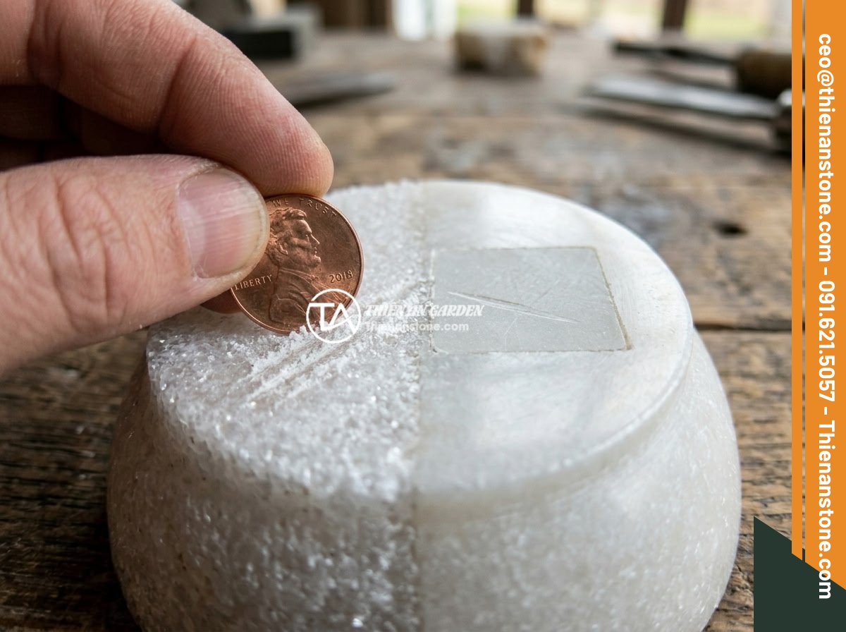 Cách phân biệt bộ ấm chén đá thật và hàng giả nhanh chóng tại nhà - A detailed close-up showing a scratch test being performed on the bottom of a na