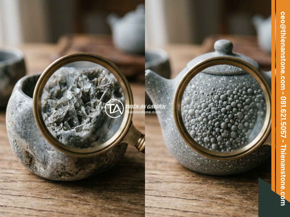 Cách phân biệt bộ ấm chén đá thật và hàng giả nhanh chóng tại nhà - A split image showing natural stone tea set material viewed through a magnifying