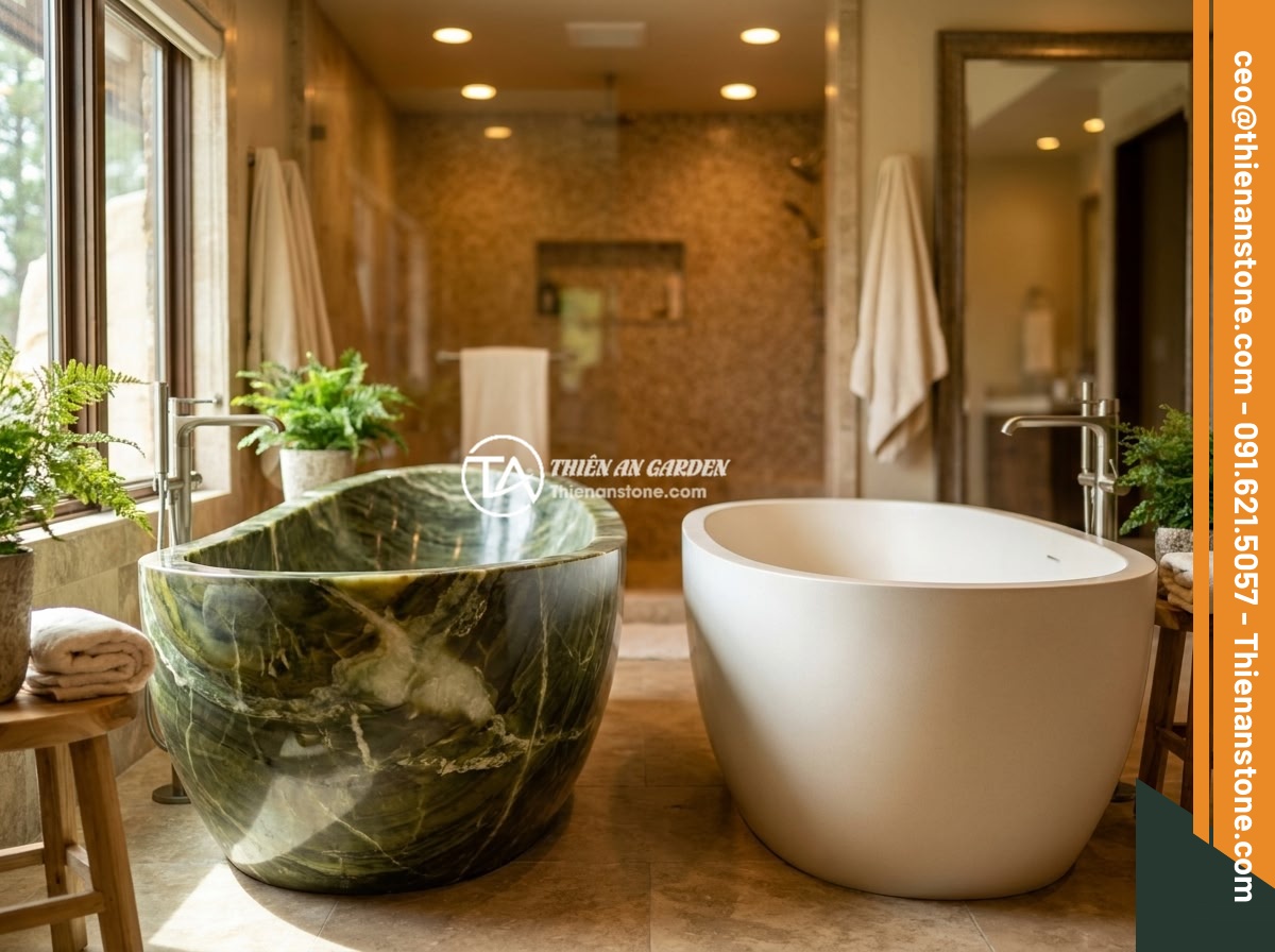 Cách Phân Biệt Bồn Tắm Đá Tự Nhiên Và Đá Nhân Tạo Chất Lượng Cao - A luxury bathroom interior showing two bathtubs side by side comparison, one mad