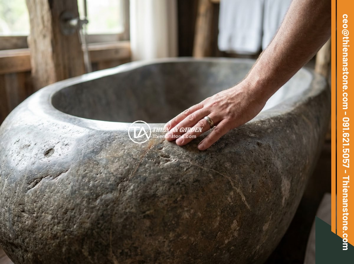 Cách Phân Biệt Bồn Tắm Đá Tự Nhiên Và Đá Nhân Tạo Chất Lượng Cao - Hình 3 Cách Phân Biệt Bồn Tắm Đá Tự Nhiên Và Đá Nhân Tạo Chất Lượng Cao - A person placing their hand on a polished natural granite bathtub surface to fee