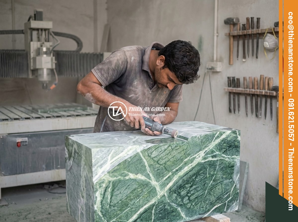 Cách Phân Biệt Bồn Tắm Đá Tự Nhiên Và Đá Nhân Tạo Chất Lượng Cao - Hình 6 Cách Phân Biệt Bồn Tắm Đá Tự Nhiên Và Đá Nhân Tạo Chất Lượng Cao - A craftsman carving and polishing a large natural marble bathtub block in a ston