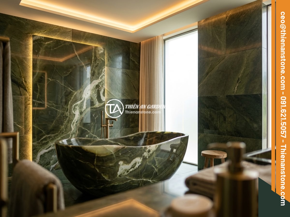 Cách Phân Biệt Bồn Tắm Đá Tự Nhiên Và Đá Nhân Tạo Chất Lượng Cao - Hình 7 Cách Phân Biệt Bồn Tắm Đá Tự Nhiên Và Đá Nhân Tạo Chất Lượng Cao - An elegant master bathroom in a luxury villa featuring a freestanding natural ma