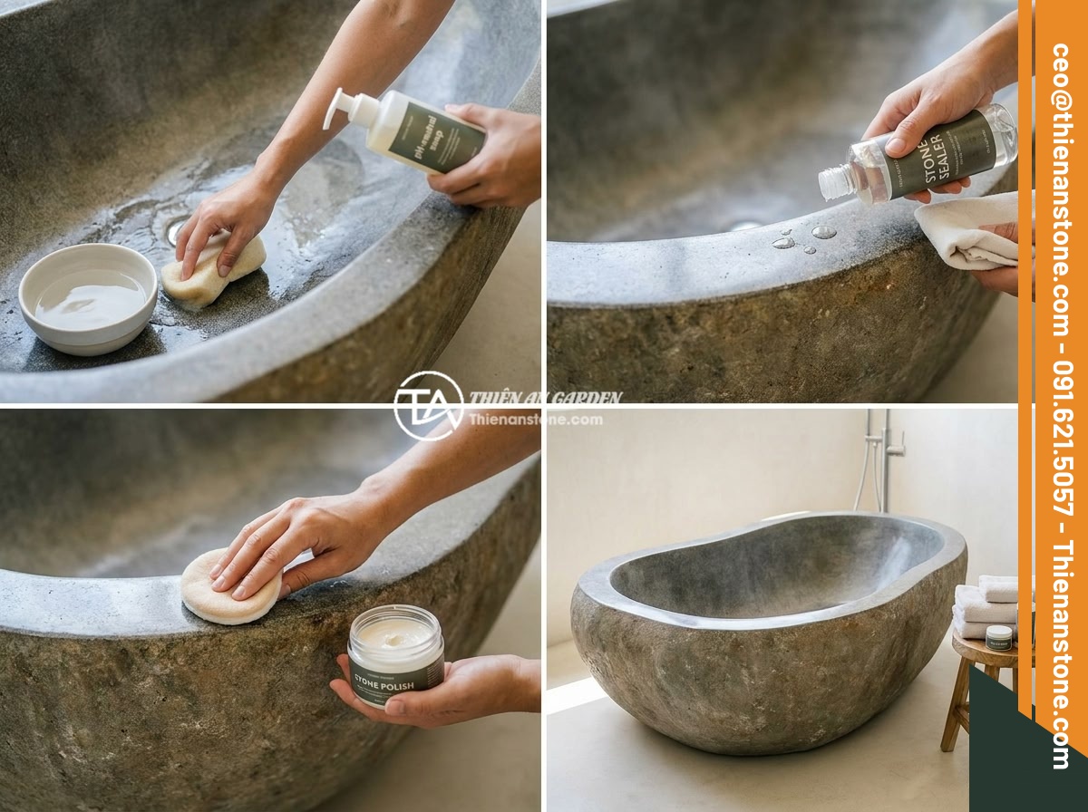 Cách Phân Biệt Bồn Tắm Đá Tự Nhiên Và Đá Nhân Tạo Chất Lượng Cao - Hình 9 Cách Phân Biệt Bồn Tắm Đá Tự Nhiên Và Đá Nhân Tạo Chất Lượng Cao - A step-by-step visual guide showing proper maintenance procedures for natural st
