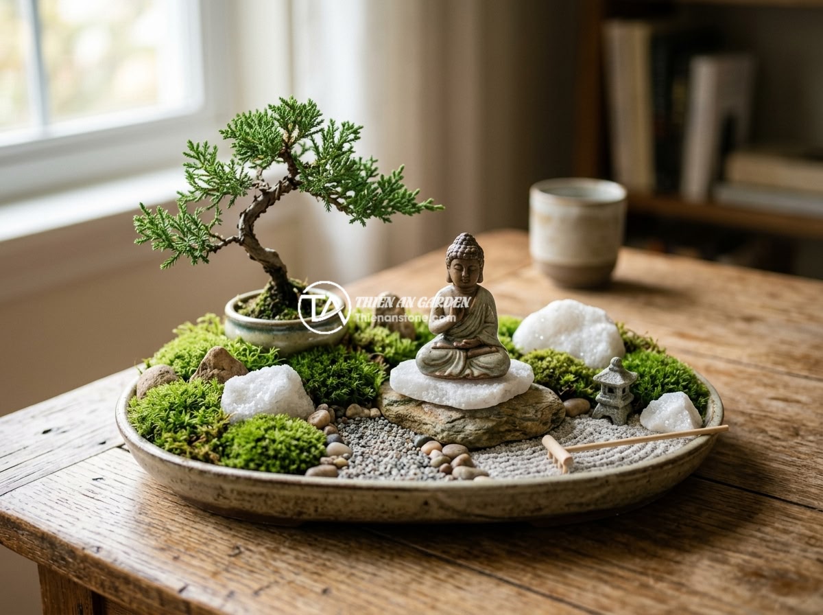 Cách Tự Làm Tiểu Cảnh Tượng Phật Mini Bằng Đá Cảnh Thủ Công - A beautifully crafted mini Buddha statue landscape on a wooden table, featuring 