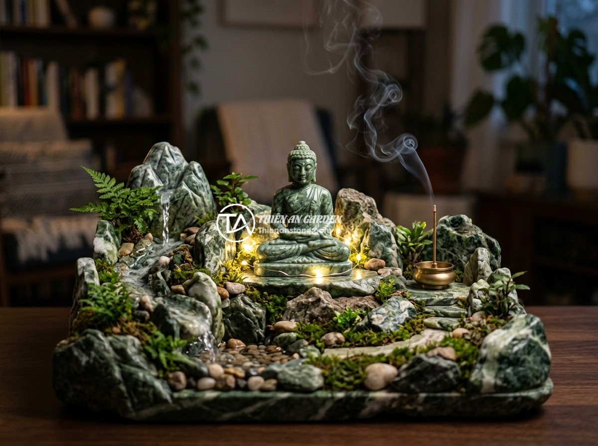 Cách Tự Làm Tiểu Cảnh Tượng Phật Mini Bằng Đá Cảnh Thủ Công - A stunning mini Buddha stone landscape with integrated warm LED lights glowing s