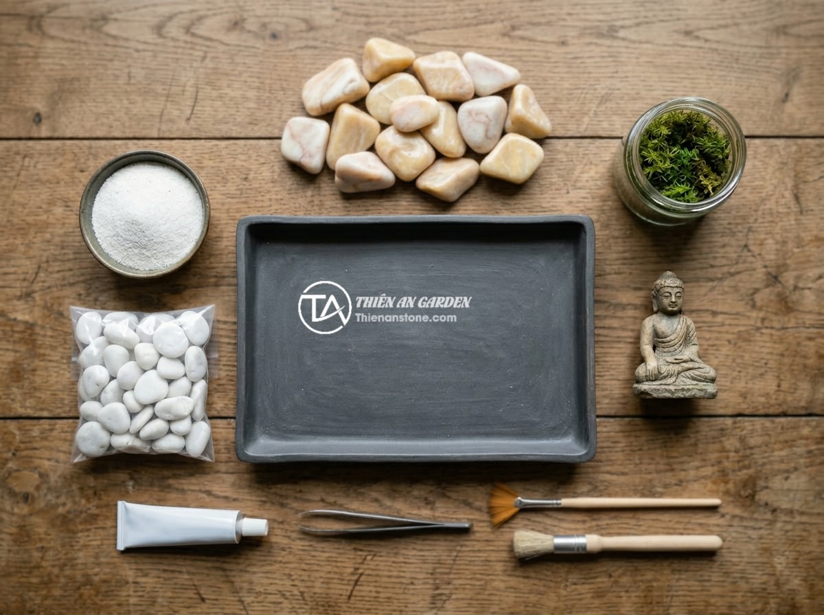 Cách Tự Làm Tiểu Cảnh Tượng Phật Mini Bằng Đá Cảnh Thủ Công - Flat lay photo of all materials and tools needed for making a mini Buddha stone 