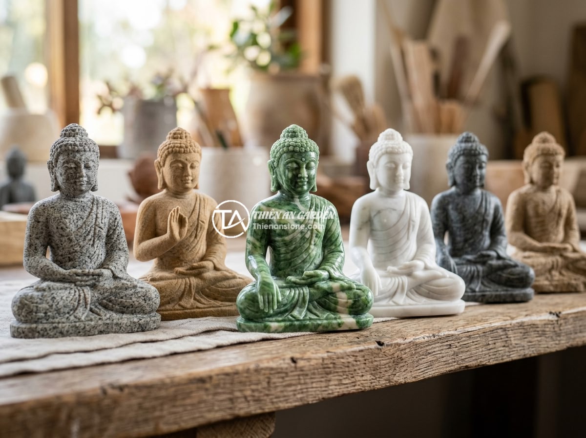 Cách Tự Làm Tiểu Cảnh Tượng Phật Mini Bằng Đá Cảnh Thủ Công - Close-up display of various mini Buddha statues made from different natural ston