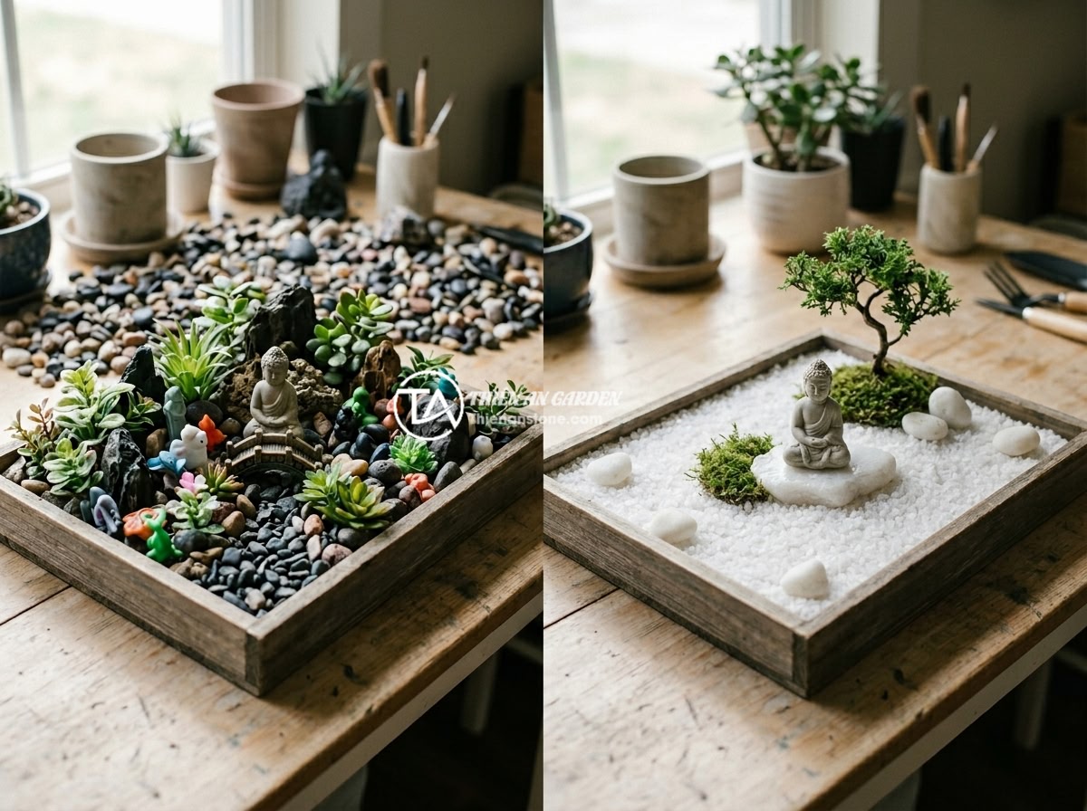 Cách Tự Làm Tiểu Cảnh Tượng Phật Mini Bằng Đá Cảnh Thủ Công - Comparison photo showing a poorly designed mini Buddha landscape with overcrowde