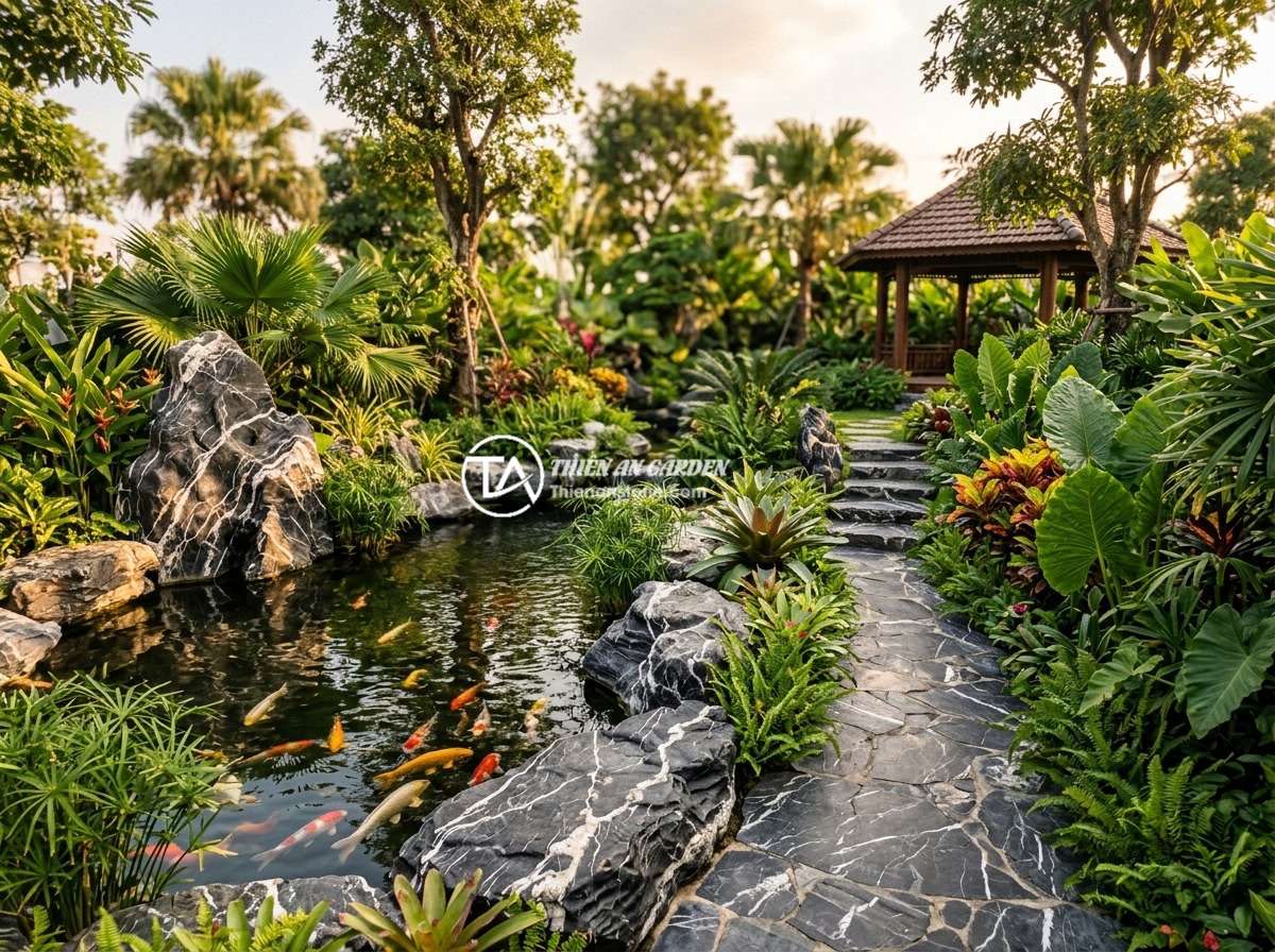 Case study: Công trình sân vườn 500m2 sử dụng 100% đá trầm tích cảnh - Panoramic view of a 500 square meter garden landscape featuring natural sediment