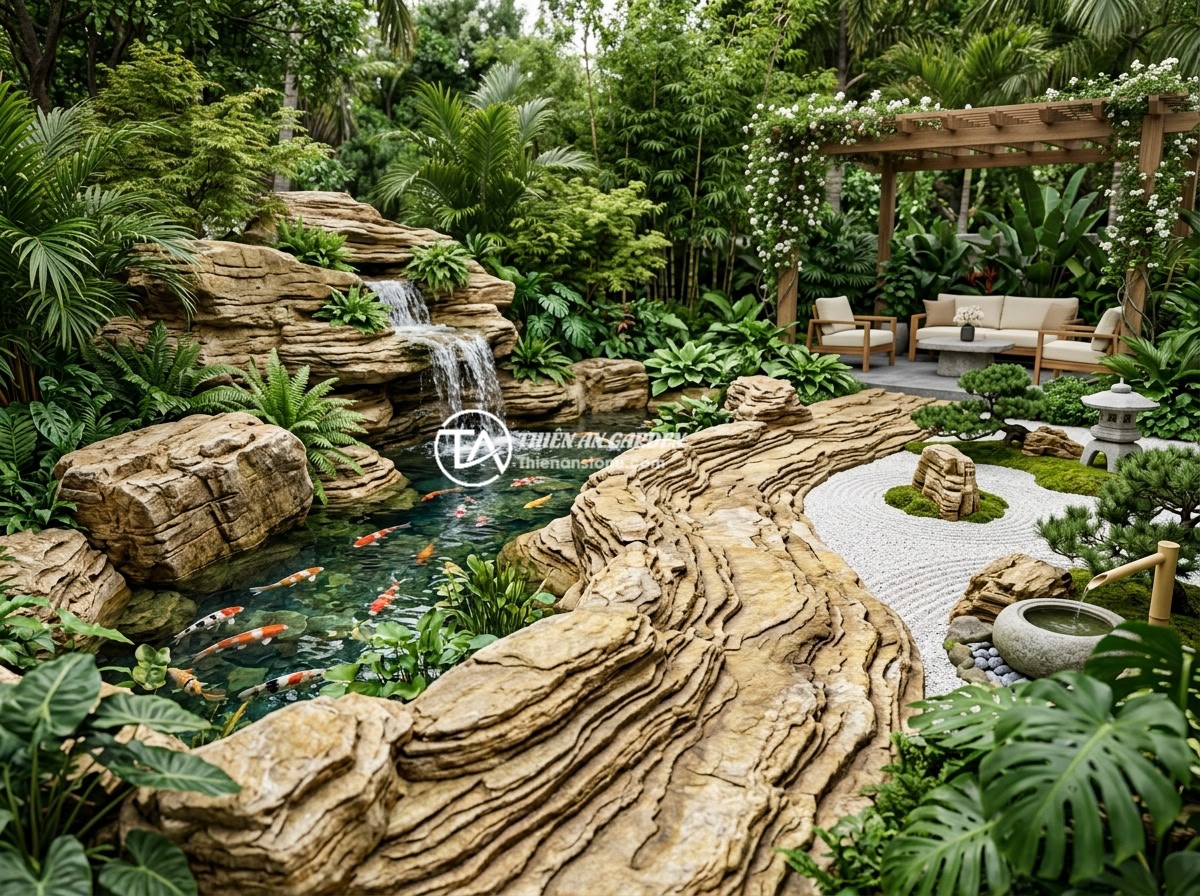 Case study: Công trình sân vườn 500m2 sử dụng 100% đá trầm tích cảnh - Hình 2 Case study: Công trình sân vườn 500m2 sử dụng 100% đá trầm tích cảnh - Detailed 3D landscape architecture rendering showing a luxury garden design with