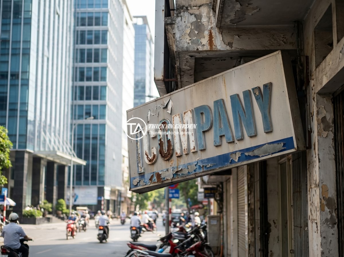 Case study: Doanh nghiệp tăng 40% nhận diện thương hiệu nhờ bảng hiệu đá granite cao cấp - A deteriorated old aluminum and acrylic company signage on a building facade, sh