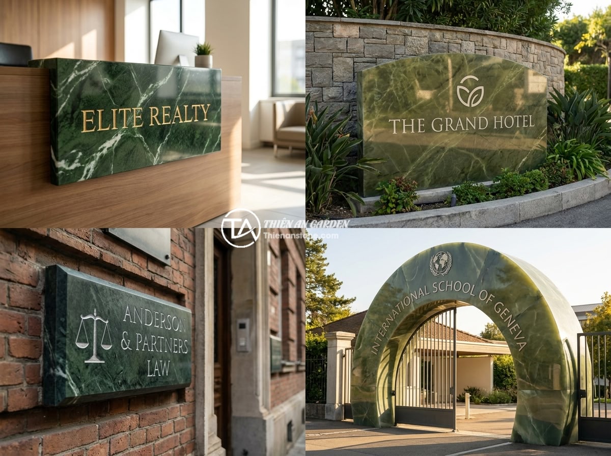 Case study: Doanh nghiệp tăng 40% nhận diện thương hiệu nhờ bảng hiệu đá granite cao cấp - A collage of premium granite signage applications across different industries: a