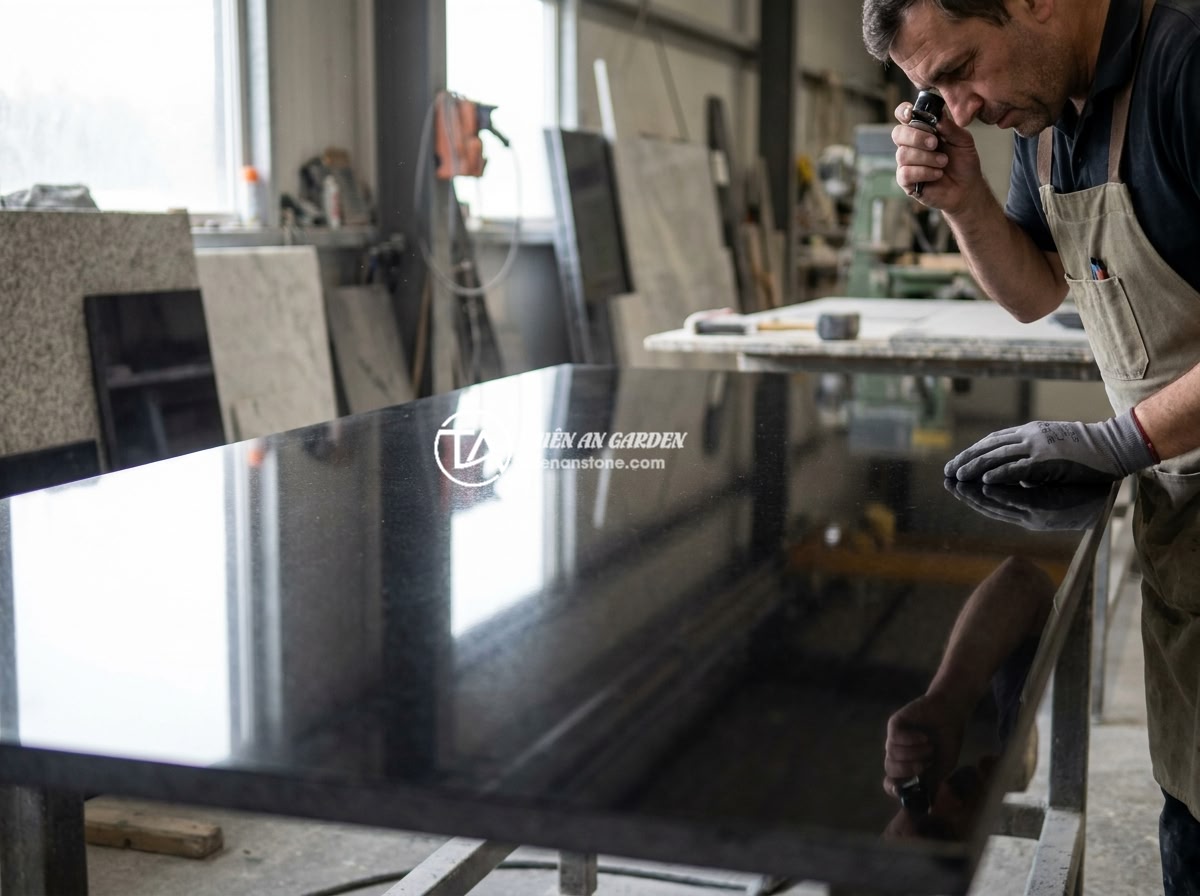 Case study: Doanh nghiệp tăng 40% nhận diện thương hiệu nhờ bảng hiệu đá granite cao cấp - Close-up of a premium polished Absolute Black granite slab at a stone fabricatio