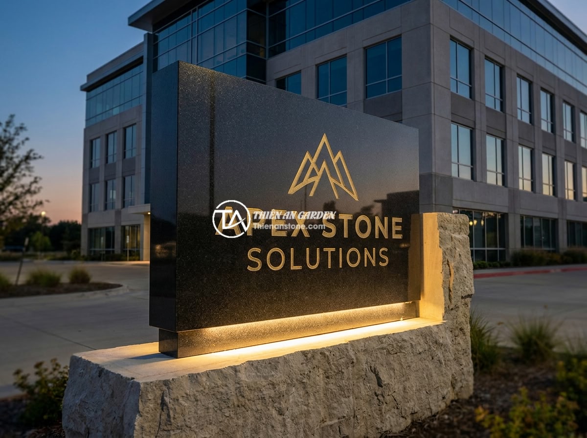 Case study: Doanh nghiệp tăng 40% nhận diện thương hiệu nhờ bảng hiệu đá granite cao cấp - A stunning premium black granite company signage with gold-engraved logo and com