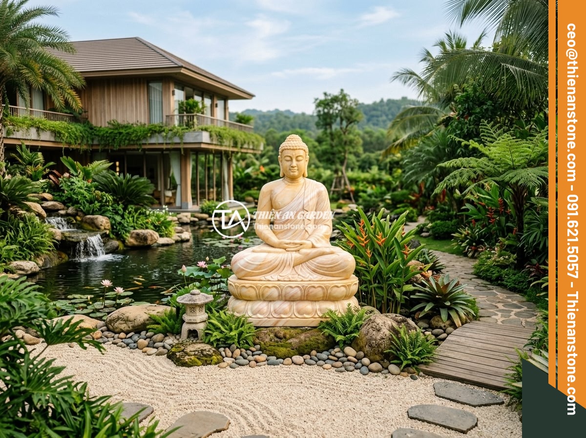 Case Study: Thi Công Tiểu Cảnh Tượng Phật Đá Tại Villa Sang Trọng - Panoramic view of a luxury villa garden with a large natural stone Buddha statue