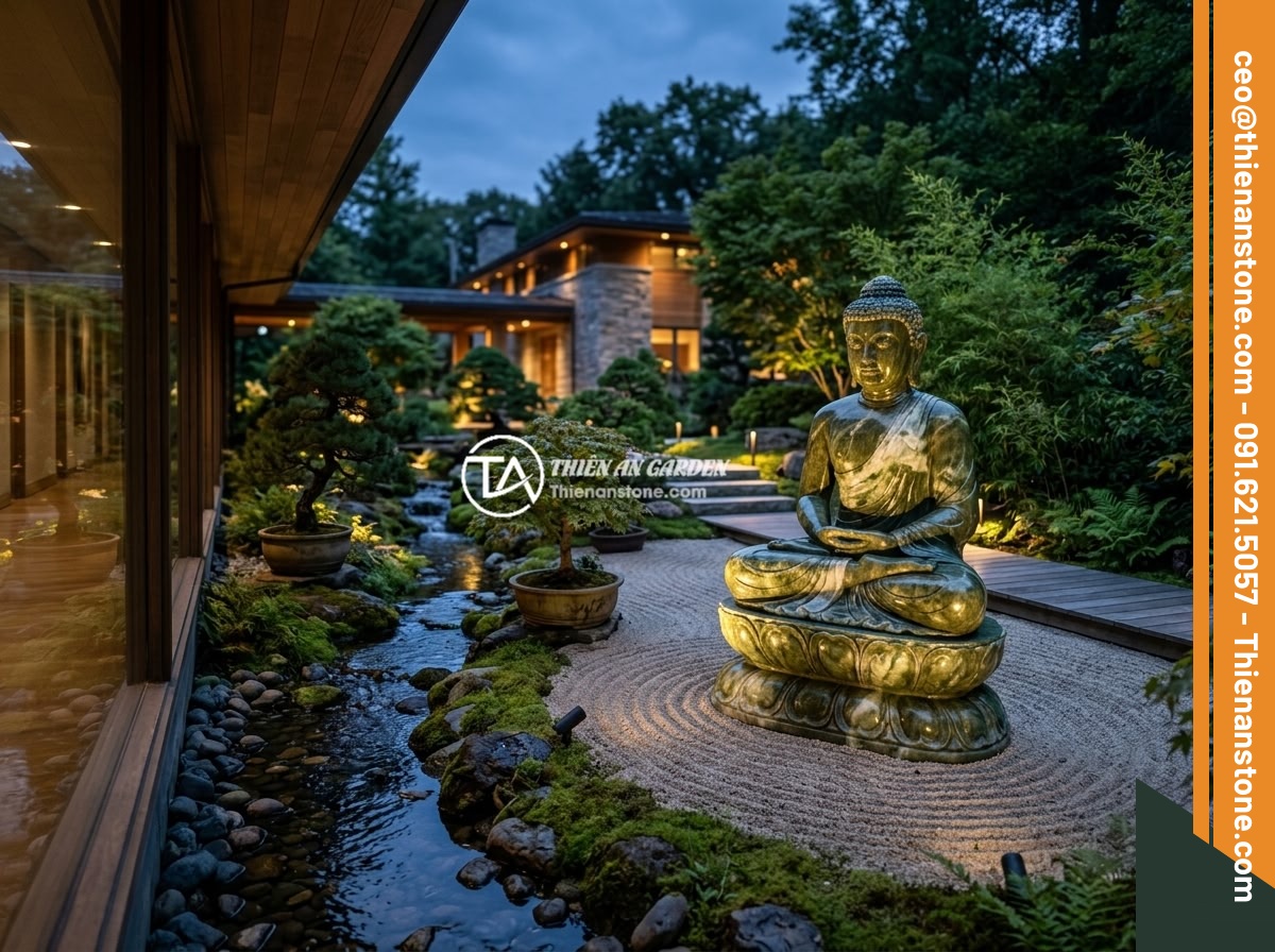 Case Study: Thi Công Tiểu Cảnh Tượng Phật Đá Tại Villa Sang Trọng - Hình 10 Case Study: Thi Công Tiểu Cảnh Tượng Phật Đá Tại Villa Sang Trọng - Completed Buddha statue landscape garden at a luxury villa viewed from the glass