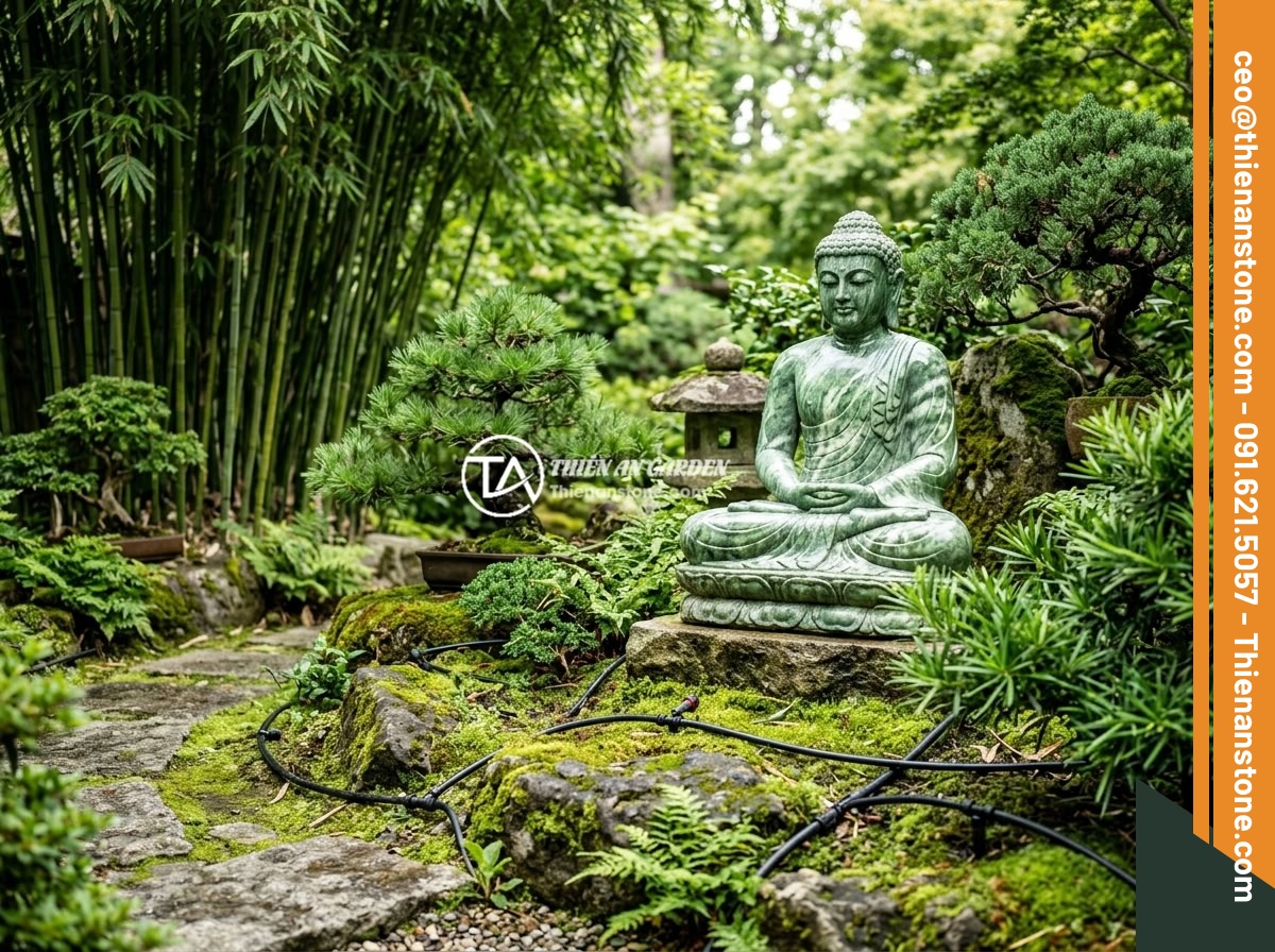 Case Study: Thi Công Tiểu Cảnh Tượng Phật Đá Tại Villa Sang Trọng - Hình 6 Case Study: Thi Công Tiểu Cảnh Tượng Phật Đá Tại Villa Sang Trọng - Lush green landscaping around a stone Buddha statue garden with Japanese bamboo,
