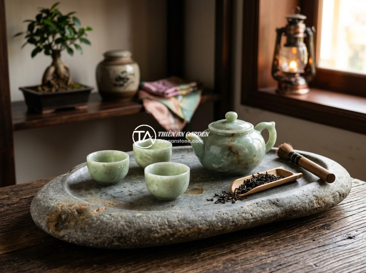 Case study thiết kế góc trà đạo với bộ ấm chén đá ngọc sang trọng - Luxurious jade stone tea set with teapot and cups arranged on a natural stone te