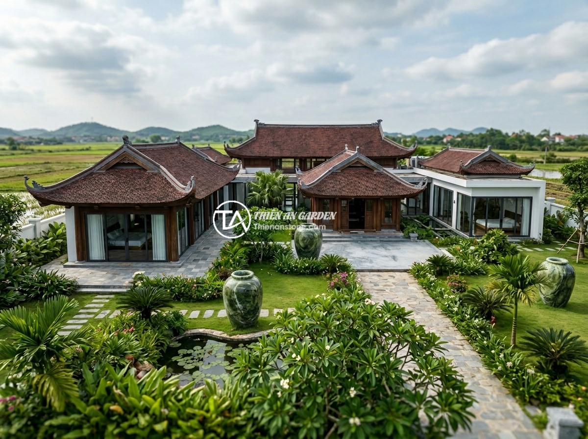 Case study thực tế: Thi công chum đá phong thủy cho biệt thự tại khu vực miền Bắc - Panoramic view of a luxurious Vietnamese villa compound in Hung Yen province wit