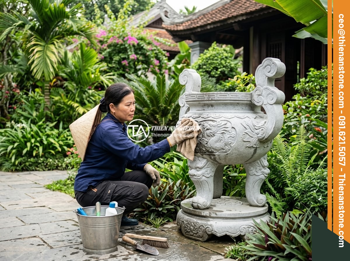 Case study thực tế: Thi công chum đá phong thủy cho biệt thự tại khu vực miền Bắc - Hình 10 Case study thực tế: Thi công chum đá phong thủy cho biệt thự tại khu vực miền Bắc - Seasonal maintenance of a feng shui stone urn in a Vietnamese villa garden, show