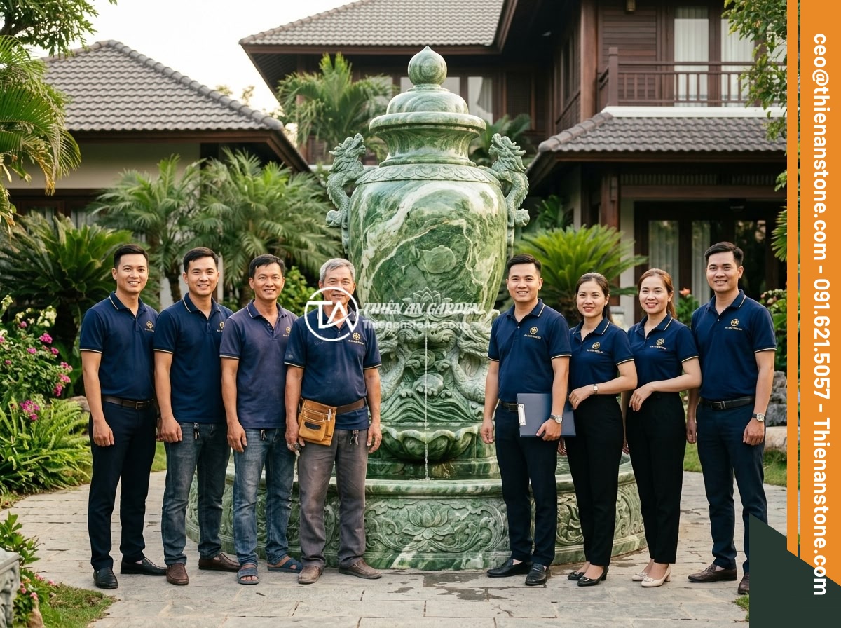 Case study thực tế: Thi công chum đá phong thủy cho biệt thự tại khu vực miền Bắc - Hình 12 Case study thực tế: Thi công chum đá phong thủy cho biệt thự tại khu vực miền Bắc - Professional team photo of Da Canh Thien An stone craftsmen and feng shui consul