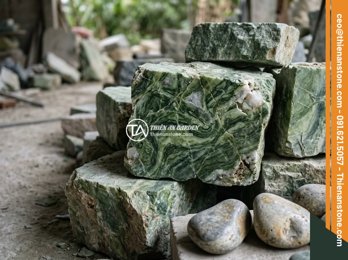 Case study thực tế: Thi công chum đá phong thủy cho biệt thự tại khu vực miền Bắc - Hình 3 Case study thực tế: Thi công chum đá phong thủy cho biệt thự tại khu vực miền Bắc - Close-up of premium green jade-colored natural stone blocks from Thanh Hoa provi