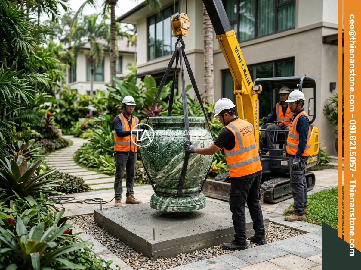 Case study thực tế: Thi công chum đá phong thủy cho biệt thự tại khu vực miền Bắc - Hình 6 Case study thực tế: Thi công chum đá phong thủy cho biệt thự tại khu vực miền Bắc - Professional installation team using a mini crane to carefully lower a large car