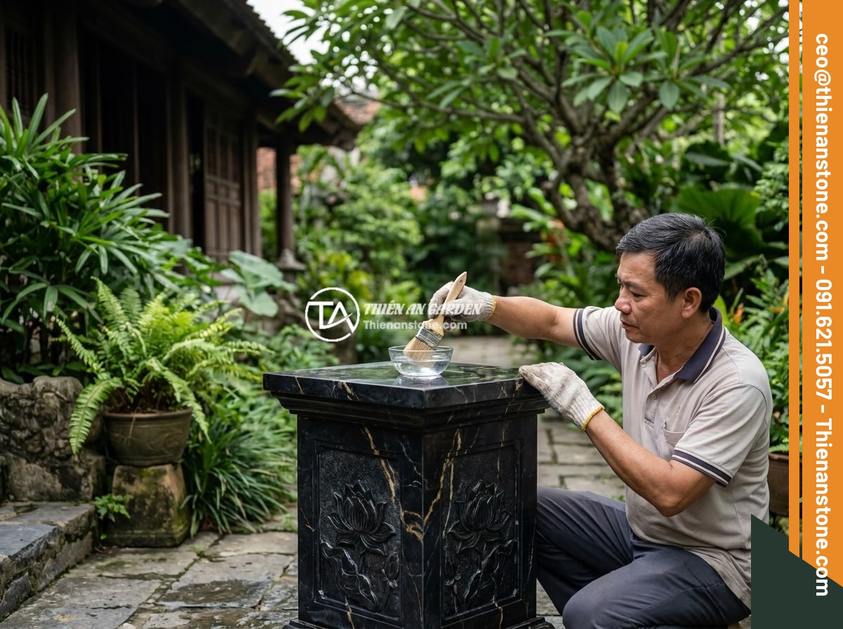 Case study thực tế: Thi công đôn đá kê tượng cho sân vườn biệt thự tại Phú Thọ - Maintenance worker gently cleaning a natural stone pedestal with lotus carvings 