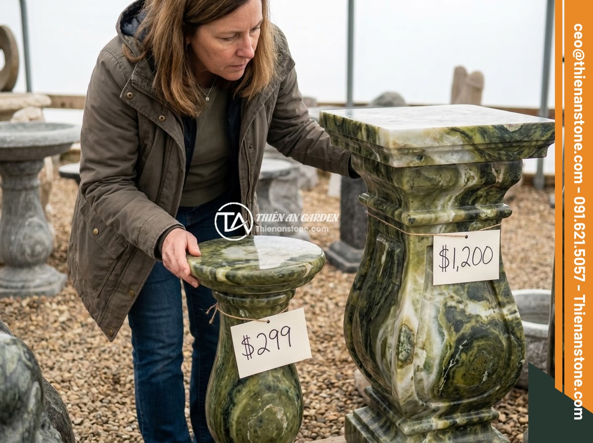 Checklist 10 bước chọn mua đôn đá tự nhiên chất lượng, bền đẹp lâu dài - A customer comparing different natural stone pedestals at various price points i