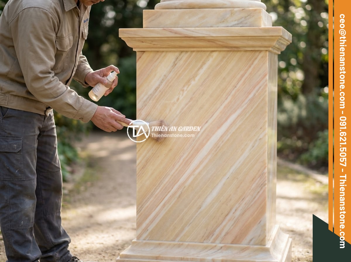Checklist 10 bước chọn mua đôn đá tự nhiên chất lượng, bền đẹp lâu dài - A person performing maintenance on a natural stone pedestal outdoors, using a so