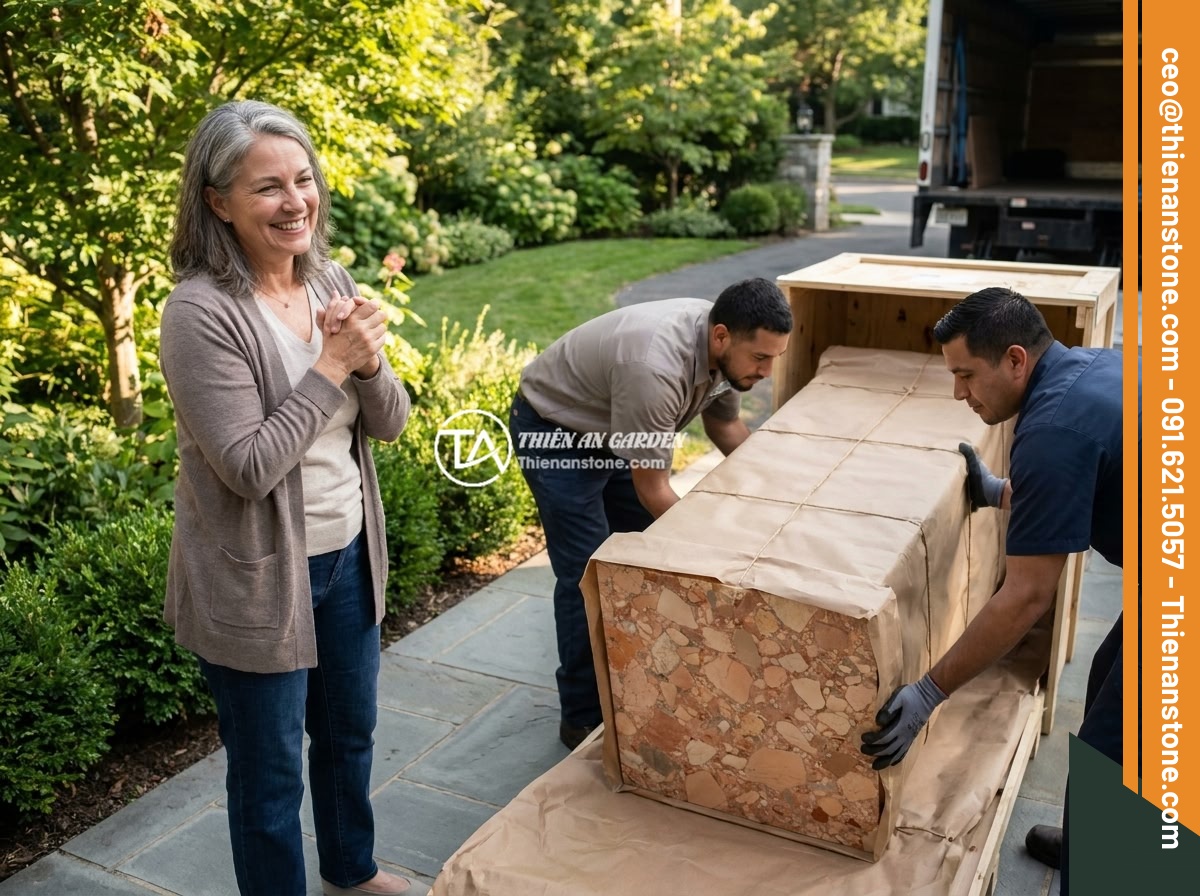 Checklist 10 bước chọn mua đôn đá tự nhiên chất lượng, bền đẹp lâu dài - A satisfied customer receiving a beautifully wrapped natural stone pedestal deli