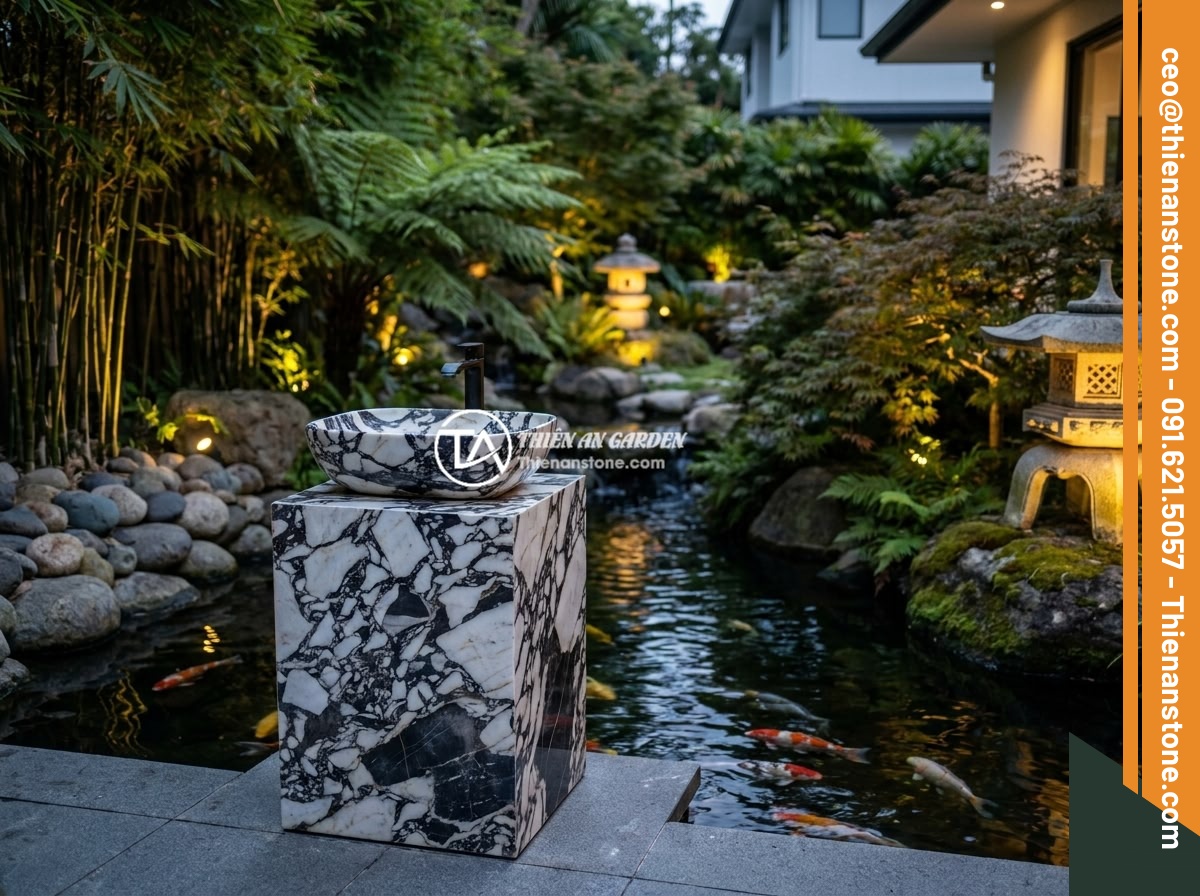 Checklist 10 bước chọn mua đôn đá tự nhiên chất lượng, bền đẹp lâu dài - A modern minimalist garden design featuring natural stone pedestals integrated w