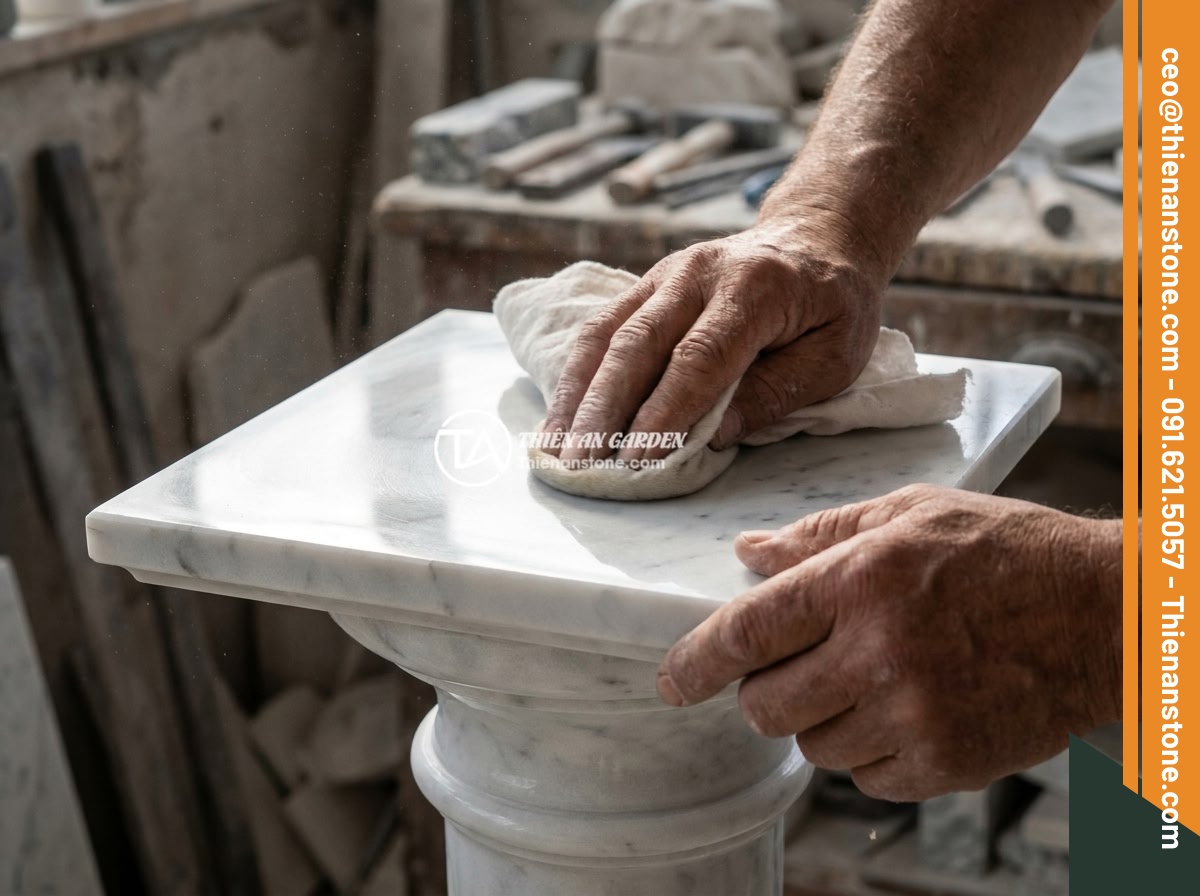 Checklist 10 bước chọn mua đôn đá tự nhiên chất lượng, bền đẹp lâu dài - Hands of a craftsman carefully polishing the surface of a natural stone pedestal