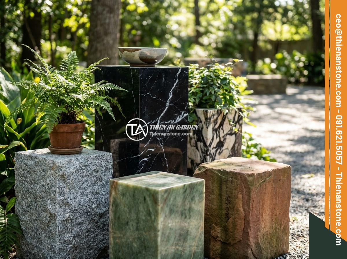 Checklist 10 bước chọn mua đôn đá tự nhiên chất lượng, bền đẹp lâu dài - A collection of natural stone pedestals displaying various natural colors and ve