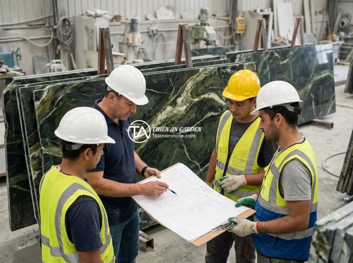 Checklist 10 bước thi công bảng hiệu đá tự nhiên chuyên nghiệp không sai sót - Hình 1 Checklist 10 bước thi công bảng hiệu đá tự nhiên chuyên nghiệp không sai sót - A professional stone signage construction team reviewing a detailed checklist do
