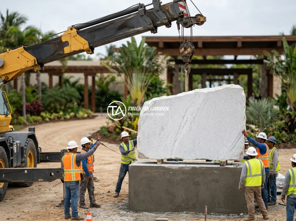 Checklist 10 bước thi công bảng hiệu đá tự nhiên chuyên nghiệp không sai sót - Hình 10 Checklist 10 bước thi công bảng hiệu đá tự nhiên chuyên nghiệp không sai sót - A crane carefully lifting and positioning a massive carved granite signboard ont