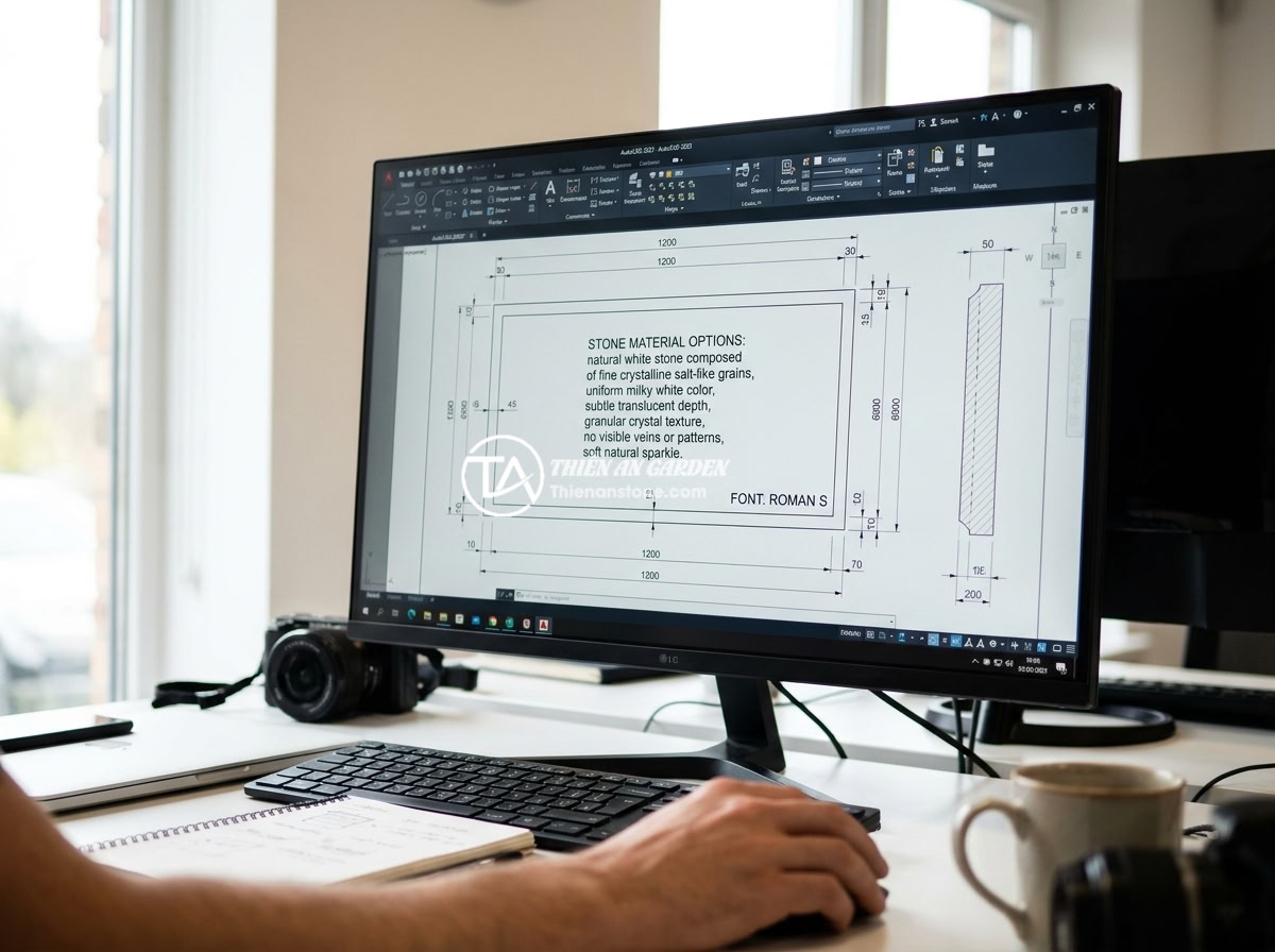 Checklist 10 bước thi công bảng hiệu đá tự nhiên chuyên nghiệp không sai sót - Hình 4 Checklist 10 bước thi công bảng hiệu đá tự nhiên chuyên nghiệp không sai sót - A designer working on a detailed 2D technical drawing of a stone signboard on a
