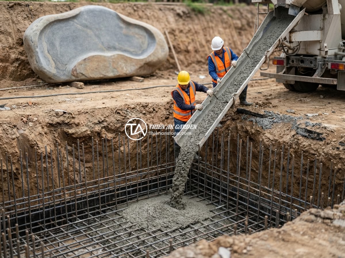 Checklist 10 bước thi công bảng hiệu đá tự nhiên chuyên nghiệp không sai sót - Hình 9 Checklist 10 bước thi công bảng hiệu đá tự nhiên chuyên nghiệp không sai sót - Construction workers pouring concrete foundation with steel reinforcement bars f
