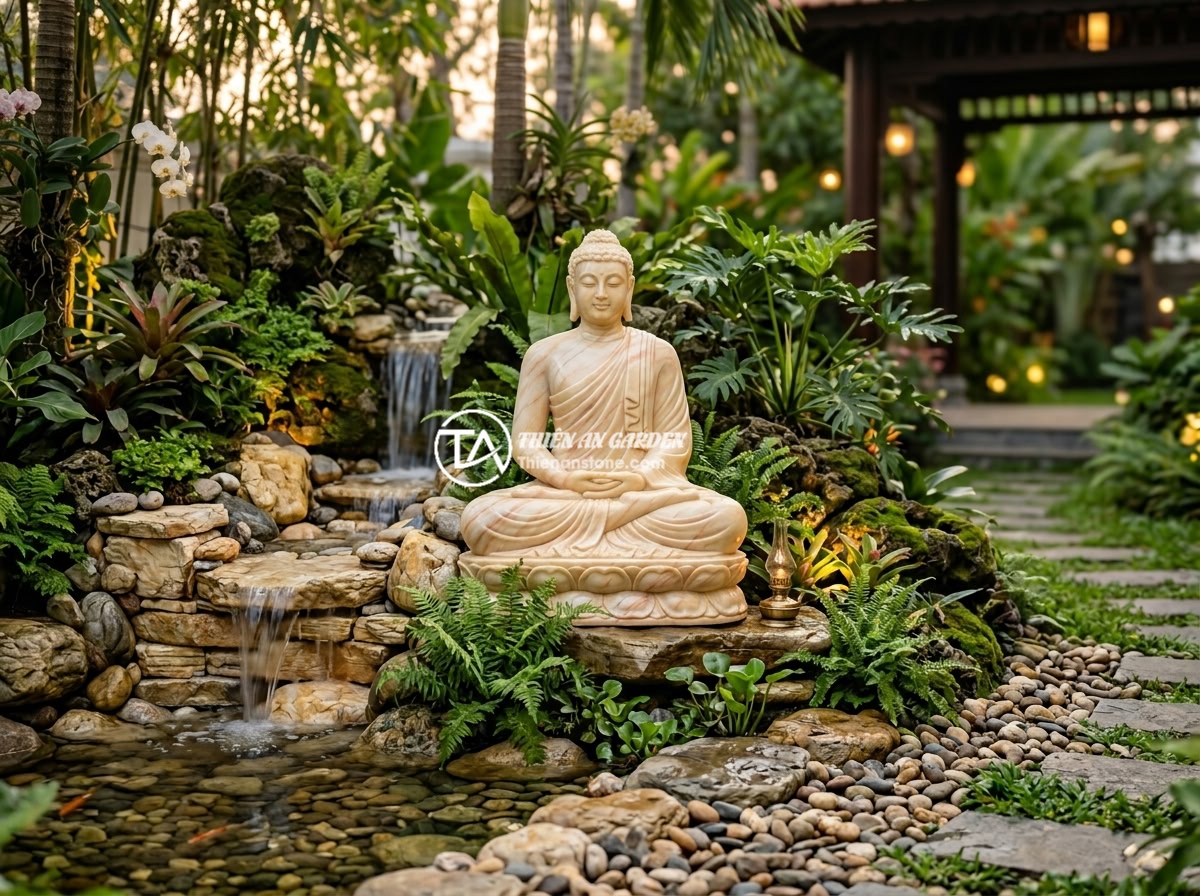 Checklist 8 Bước Chọn Đá Tự Nhiên Làm Tiểu Cảnh Tượng Phật Hoàn Hảo - An elegant completed Buddha statue tiểu cảnh in a luxury Vietnamese villa garden