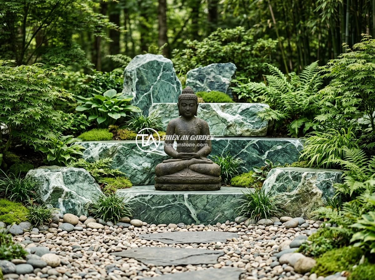 Checklist 8 Bước Chọn Đá Tự Nhiên Làm Tiểu Cảnh Tượng Phật Hoàn Hảo - A perfectly proportioned Buddha statue garden with natural stones arranged in th