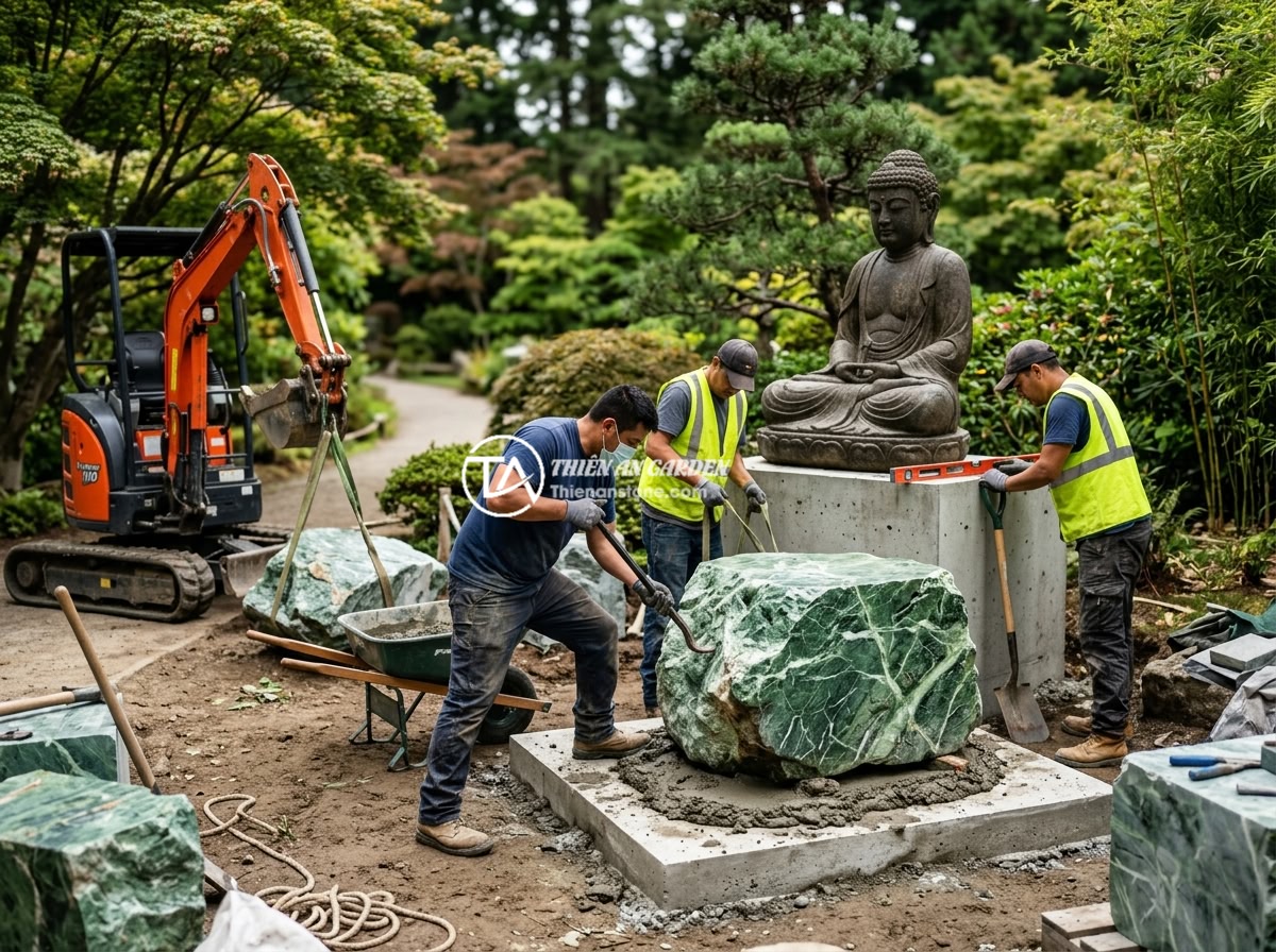 Checklist 8 Bước Chọn Đá Tự Nhiên Làm Tiểu Cảnh Tượng Phật Hoàn Hảo - A professional landscaping team installing large natural stones around a Buddha 