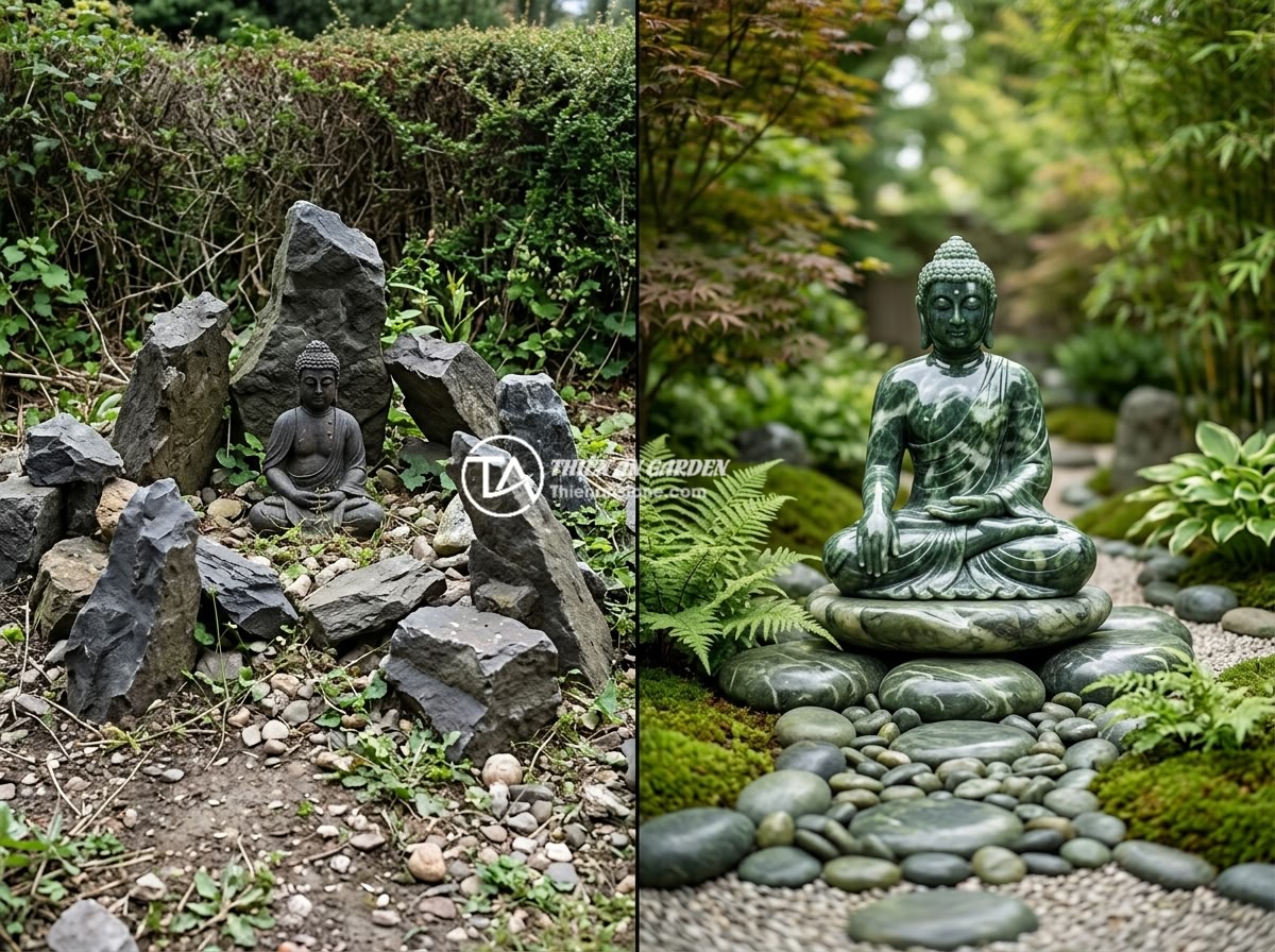 Checklist 8 Bước Chọn Đá Tự Nhiên Làm Tiểu Cảnh Tượng Phật Hoàn Hảo - A comparison photo showing common mistakes in Buddha statue garden design: poorl