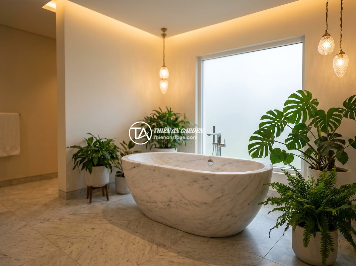Checklist Chọn Mua Bồn Tắm Đá Tự Nhiên Đúng Chuẩn Chất Lượng - A luxurious natural stone bathtub placed in a spacious bathroom with marble floo