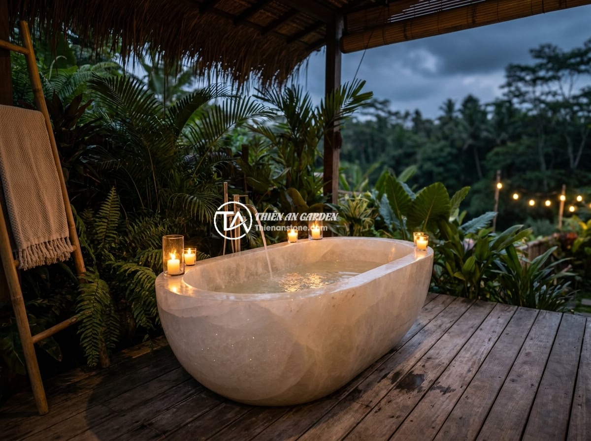 Checklist Chọn Mua Bồn Tắm Đá Tự Nhiên Đúng Chuẩn Chất Lượng - A stunning resort-style outdoor bathroom featuring a large oval natural stone ba