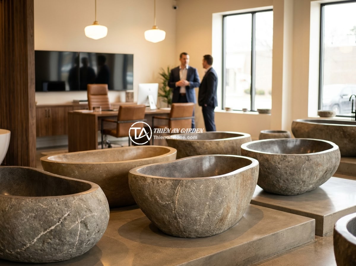 Checklist Chọn Mua Bồn Tắm Đá Tự Nhiên Đúng Chuẩn Chất Lượng - Elegant showroom of Da Canh Thien An displaying multiple natural stone bathtubs 