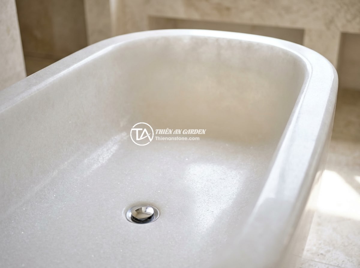 Checklist Chọn Mua Bồn Tắm Đá Tự Nhiên Đúng Chuẩn Chất Lượng - Detailed close-up of a hand-carved natural stone bathtub showing the smooth curv
