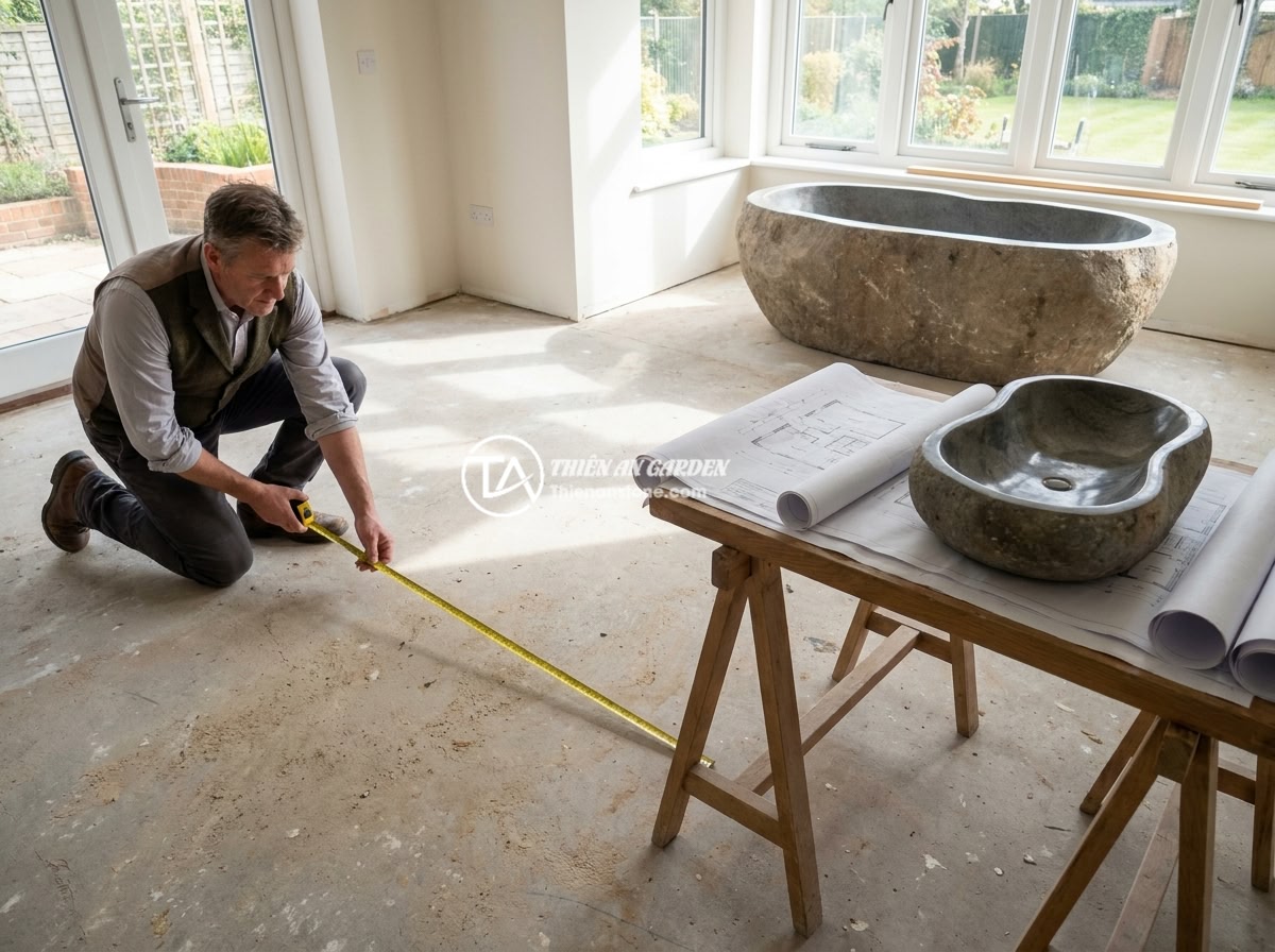 Checklist Chọn Mua Bồn Tắm Đá Tự Nhiên Đúng Chuẩn Chất Lượng - An architect measuring a spacious bathroom with a measuring tape, with floor pla
