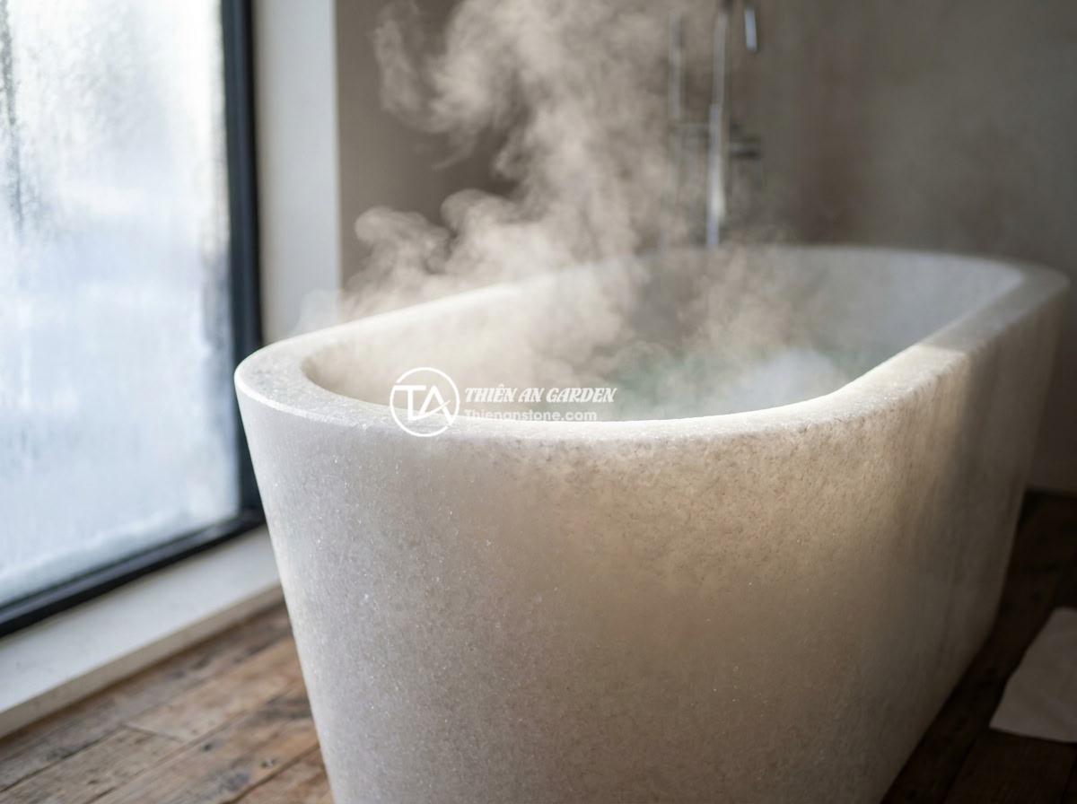 Checklist Chọn Mua Bồn Tắm Đá Tự Nhiên Đúng Chuẩn Chất Lượng - A natural stone bathtub filled with steaming hot water, with visible steam risin