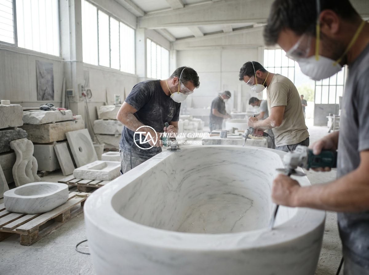 Checklist Chọn Mua Bồn Tắm Đá Tự Nhiên Đúng Chuẩn Chất Lượng - Inside a professional natural stone workshop with artisans hand-carving a large 
